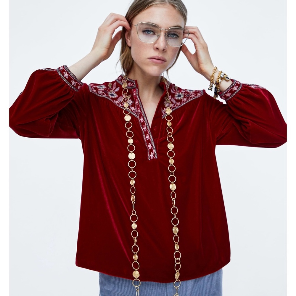 Zara Red Velvet Embroidered Top S 70’s Romantic Hippie Bohemian Royalcore